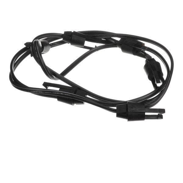 A coiled black electrical cable with multiple connectors attached.
