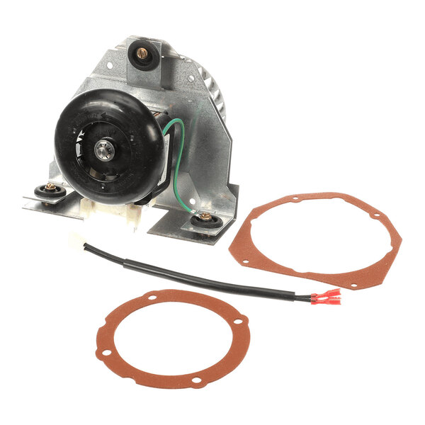 A metal and plastic motor assembly with attached wires, accompanied by two circular gaskets and a short black wire with red connectors.