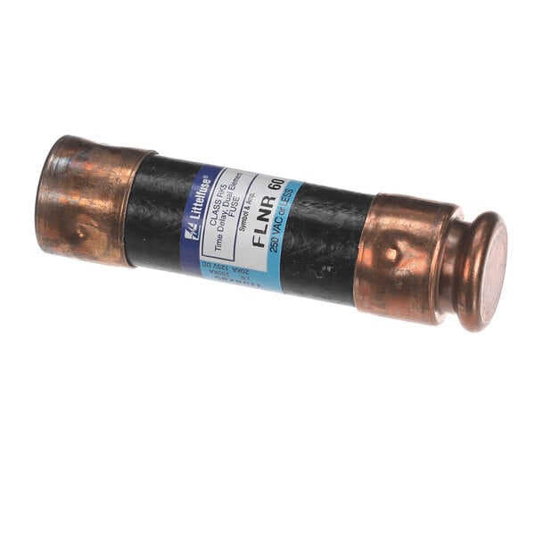 A cylindrical fuse with copper-colored metal ends and a black body, featuring a label with technical specifications.