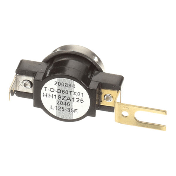 A small cylindrical electronic component with a metal mounting bracket and two flat metal terminals extending from each side.