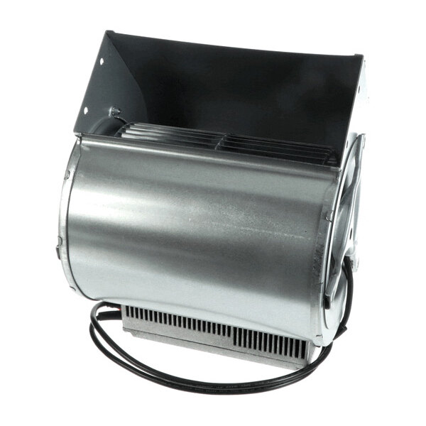 A metallic cylindrical blower assembly with a protective housing and attached wiring.