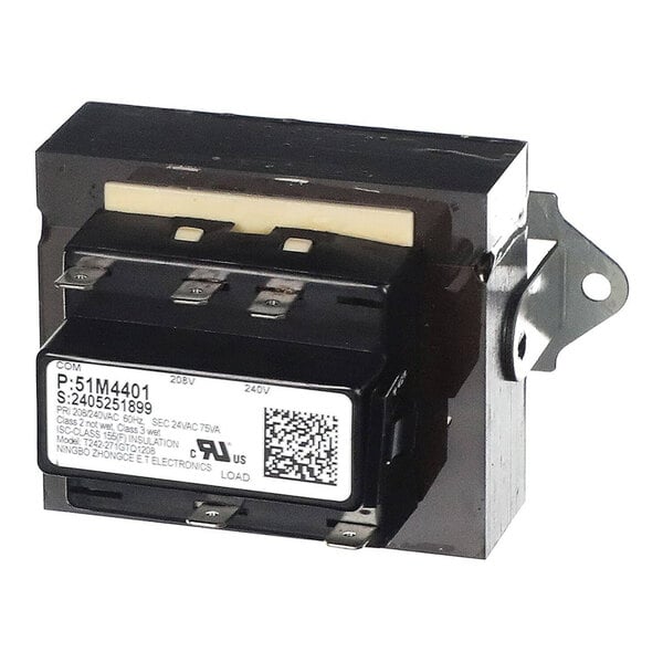 A rectangular electrical transformer with multiple metal terminals and a label displaying technical specifications.