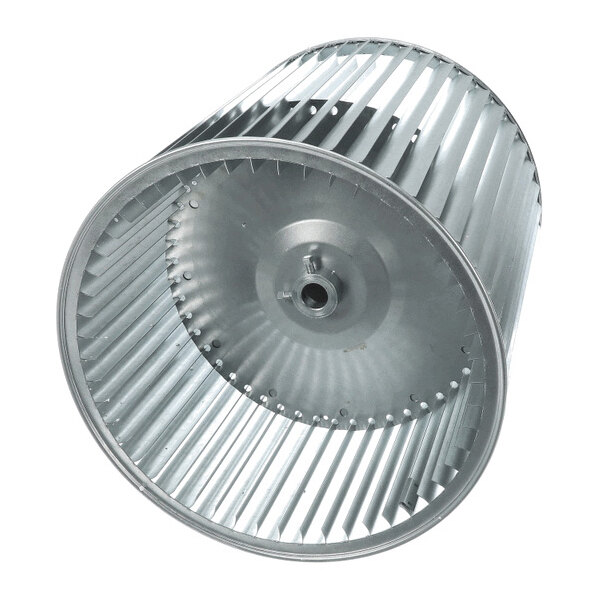 A cylindrical metal blower wheel with evenly spaced blades and a central hub, viewed at an angle.