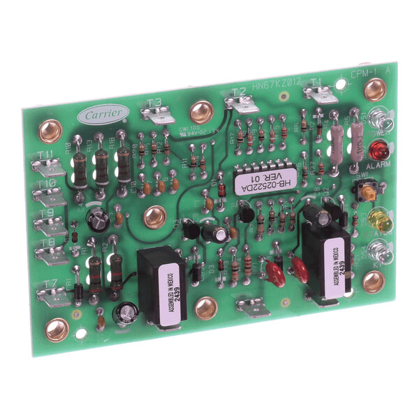 A green electronic circuit board with various components including resistors, capacitors, relays, and LEDs, mounted on a rectangular board with labeled connection points.