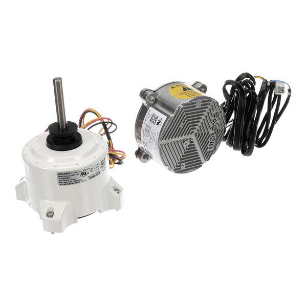 Two electric motor components with attached wiring are shown, one with a white housing and exposed shaft, and the other with a metallic, finned casing and bundled cables.