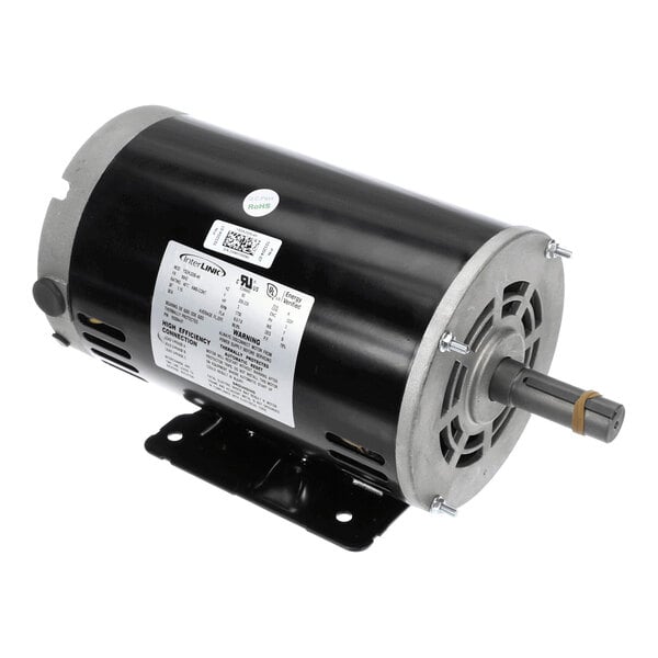 A cylindrical electric motor with a black body, metal end caps, a protruding shaft, and a mounting base, featuring a label with technical specifications.