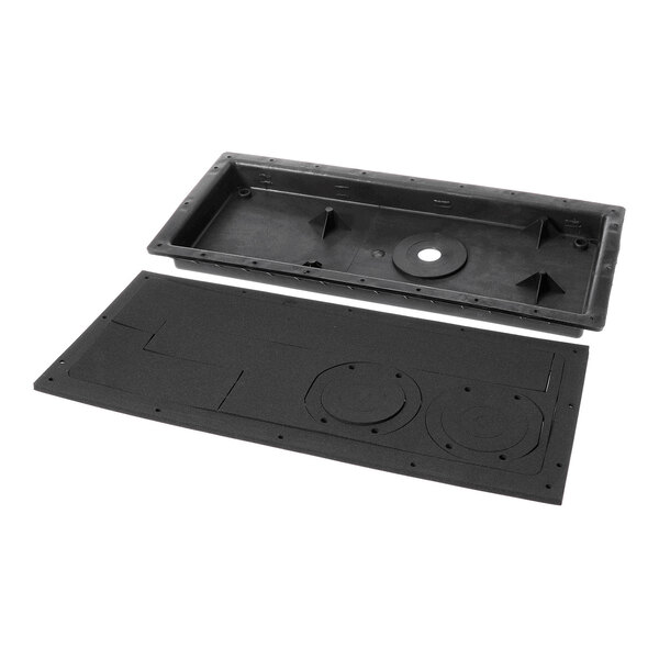 A rectangular black plastic box with a matching flat cover, both featuring multiple circular and rectangular cutouts.