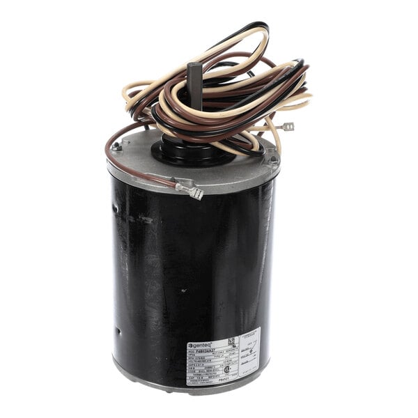 A cylindrical electric motor with attached wires coiled on top and a visible label on the side.