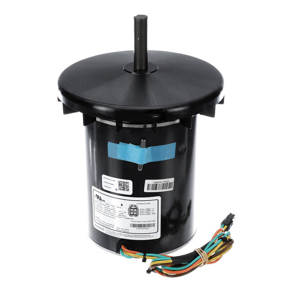 A cylindrical electric motor with a black housing, a central shaft protruding from the top, and several colored wires extending from the base.