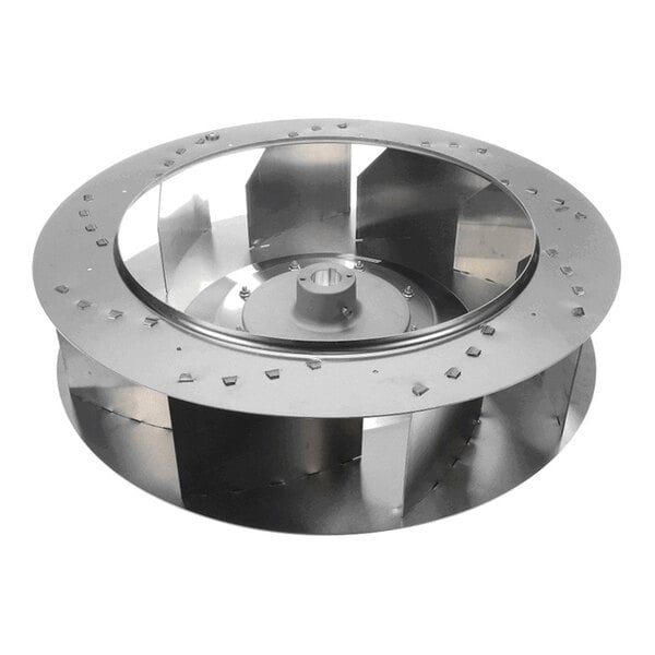 A metallic, circular fan or blower wheel with multiple angled blades and a central hub, viewed from an angle against a white background.