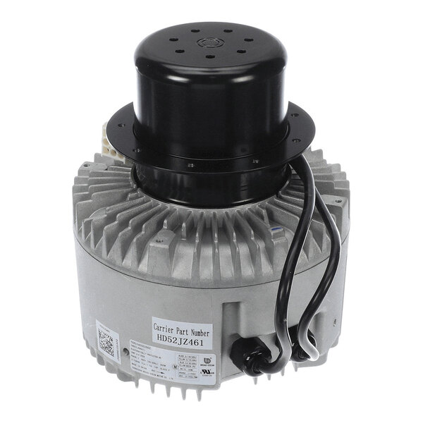 A cylindrical electric motor with a finned metal housing, black top cover, and attached power cables.