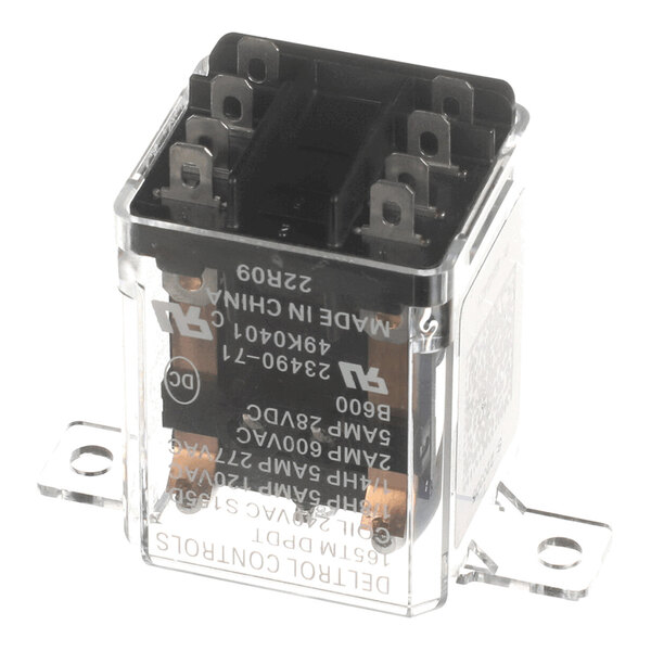A clear plastic-cased electrical relay with multiple metal terminals and mounting brackets visible.
