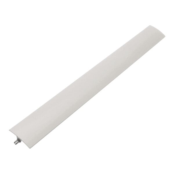 A long, narrow, slightly curved white plastic or metal piece with a small metal attachment at one end, likely a component part.