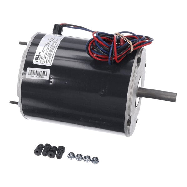 A cylindrical electric motor with attached wires and a set of mounting hardware including screws and nuts placed in front of it.