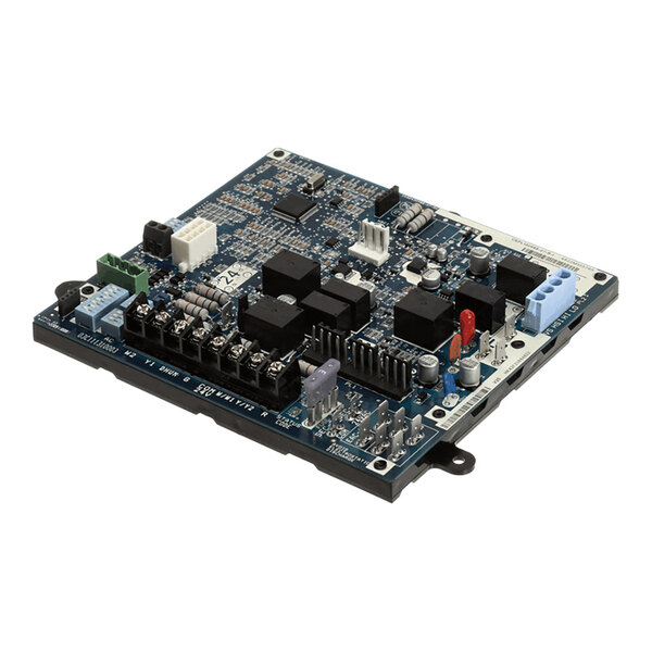 A rectangular electronic circuit board with various components including relays, connectors, capacitors, and resistors mounted on its surface.