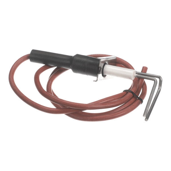 A coiled red wire attached to a black and white ceramic component with a bent metal rod at the end.