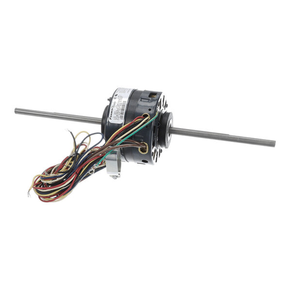 A cylindrical electric motor with a double shaft and multiple colored wires extending from one side.