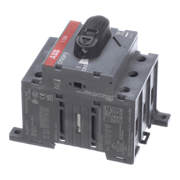 A black and gray electrical switch with a rotary handle labeled 'ON' and 'OFF,' featuring technical markings and mounting brackets.