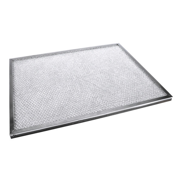 A rectangular metal mesh filter with a silver frame and a crisscross pattern.