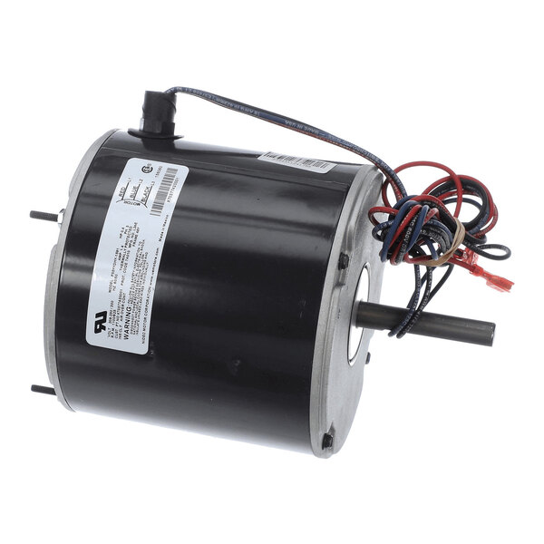A cylindrical black electric motor with a metal shaft protruding from one end and several colored wires extending from the other end.