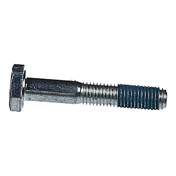 A metallic hex cap screw with partial threading and a blue coating on the threaded end.