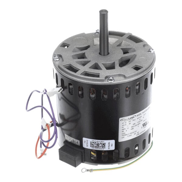 A cylindrical electric motor with a central shaft, multiple colored wires, and a label on the side.
