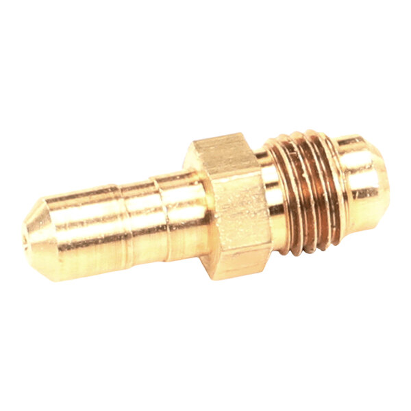 A small brass fitting with a hexagonal center, one end featuring a barbed tip and the other end threaded.