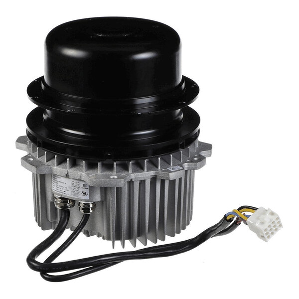 A cylindrical industrial motor with a black top housing, metal cooling fins, attached cables, and a white connector.
