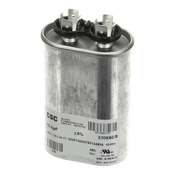 A metallic oval-shaped capacitor with two terminals on top and a label displaying technical specifications.