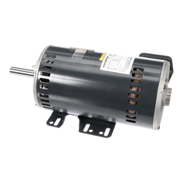 A cylindrical electric motor with a metal housing, visible mounting brackets, ventilation slots, and a protruding shaft.