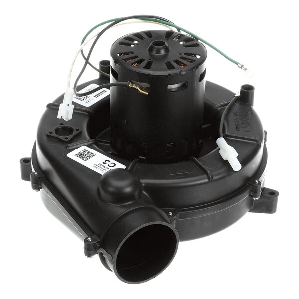 A black electric blower assembly with attached wires and a cylindrical motor mounted on top.