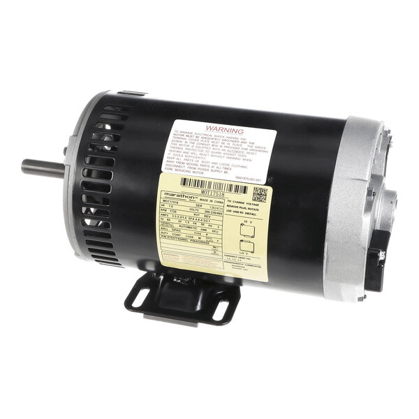 A cylindrical electric motor with a black and silver housing, visible mounting bracket, and attached information labels.
