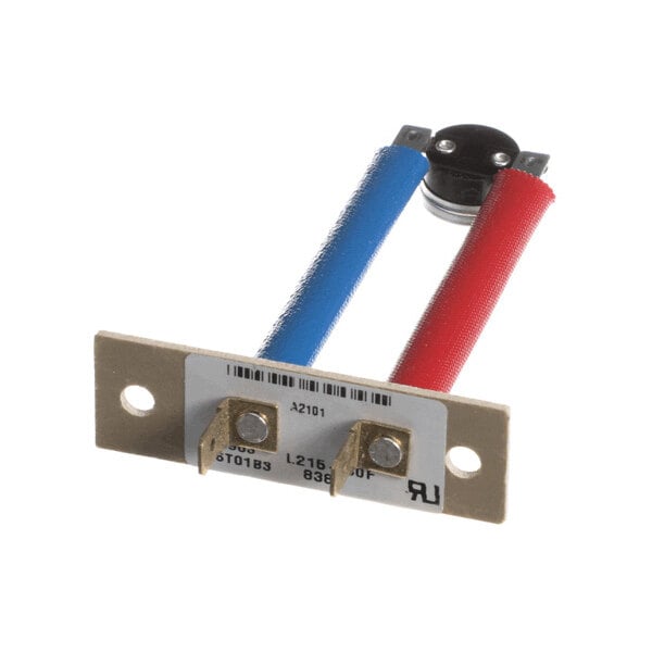 A small electronic component with two insulated wires (one blue, one red) attached to a metal mounting plate with two screw terminals and a round black sensor at the end.