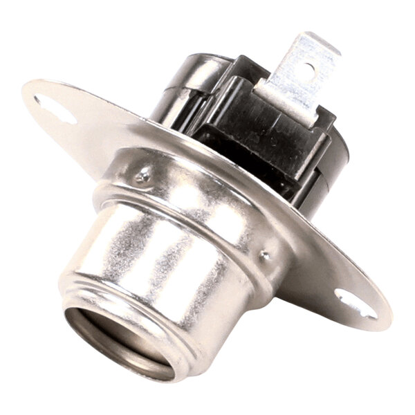 A metallic cylindrical electrical component with a mounting flange and terminal connectors.