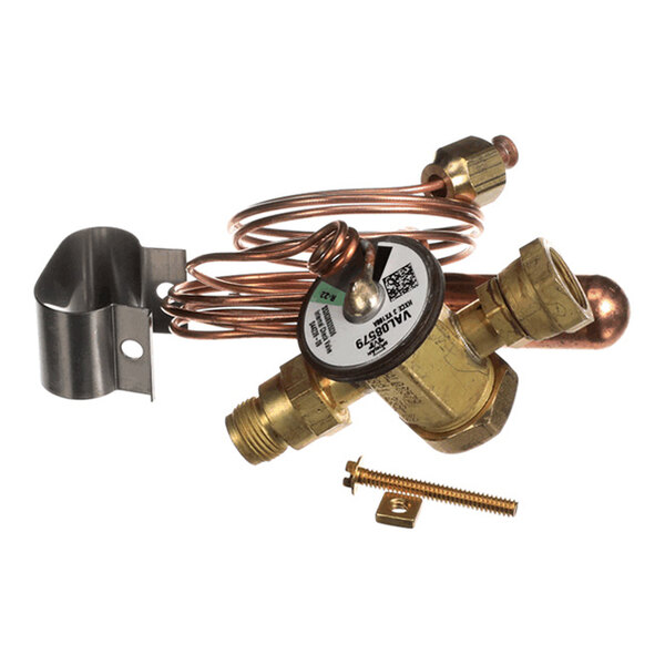A brass valve assembly with attached copper tubing, a metal mounting bracket, and a screw with a small plate.