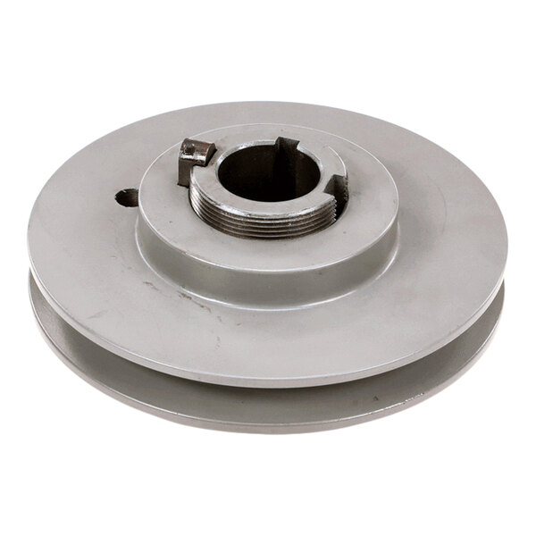 A metal pulley wheel with a central bore and a single groove, featuring a set screw and keyway.