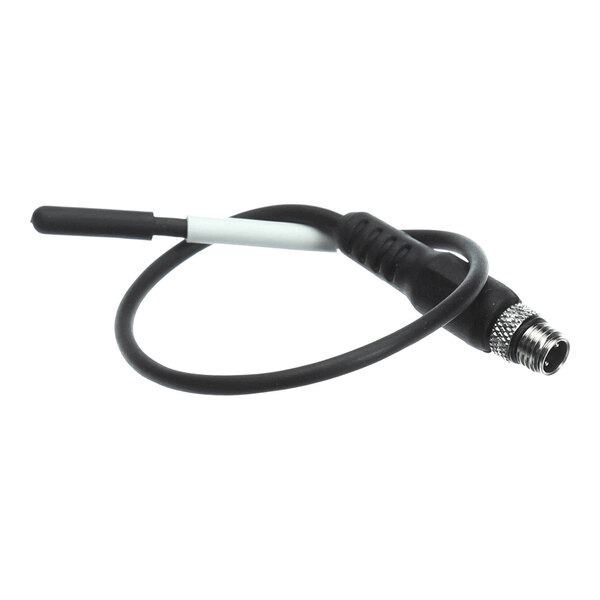 A black cable with a metal connector on one end and a black plastic-covered sensor on the other end.