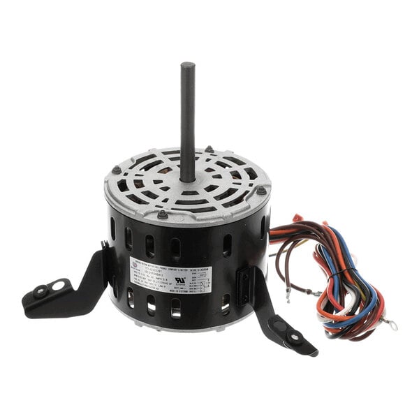 A cylindrical electric motor with a central shaft, mounting brackets, and several colored wires extending from one side.