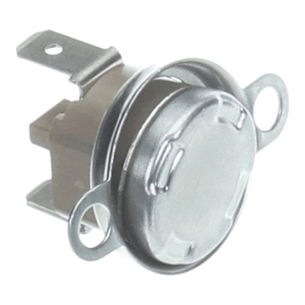 A small metallic and plastic electronic component with two mounting holes and two electrical terminals.