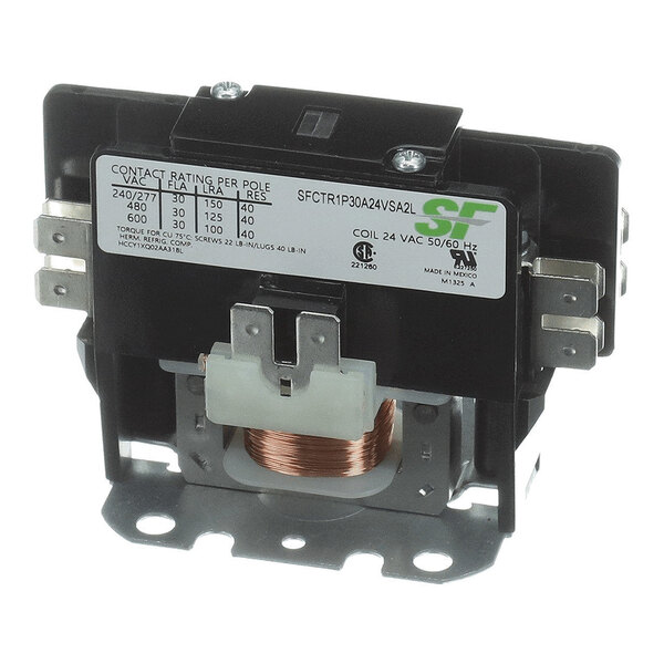 A single-pole electrical contactor with a visible copper coil and labeled specifications on the front.