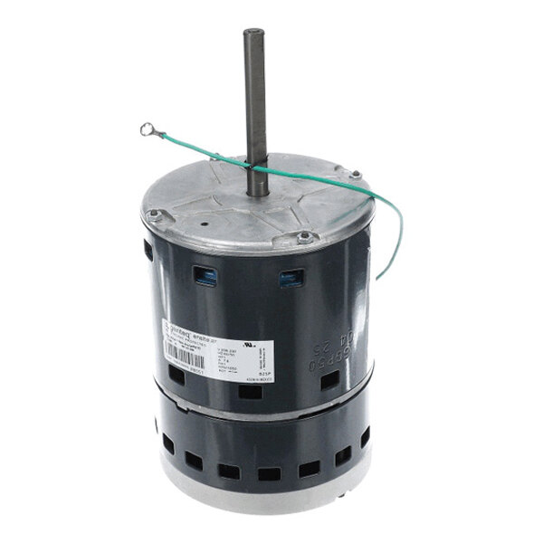 A cylindrical electric motor with a vertical shaft, ventilation slots, and a label on the side.