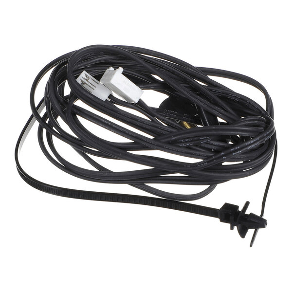 A coiled black cable with white connectors and an attached black zip tie.