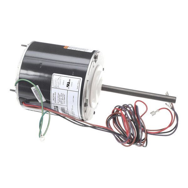 A cylindrical electric motor with a black housing, a protruding shaft, and several colored wires attached.