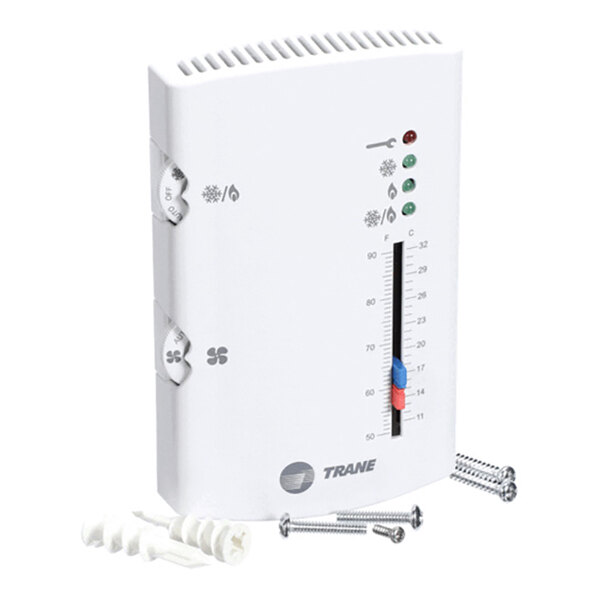 A white wall-mounted temperature control device with a vertical temperature scale, indicator lights, adjustment dials on the side, and mounting screws and anchors placed in front.