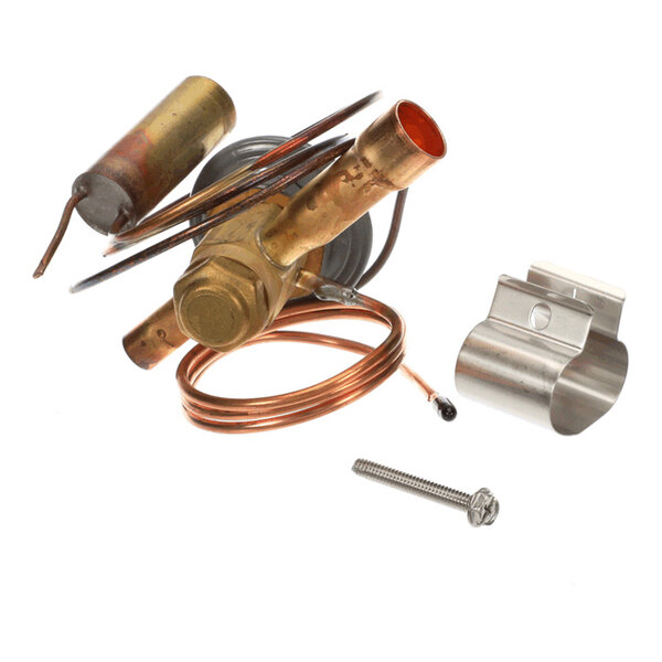 A brass and copper mechanical valve assembly with attached coiled tubing, a metal mounting bracket, and a screw, all placed on a white background.