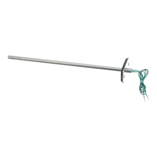 A long metal rod with a mounting plate and attached green wires at one end, likely a temperature sensor or probe.