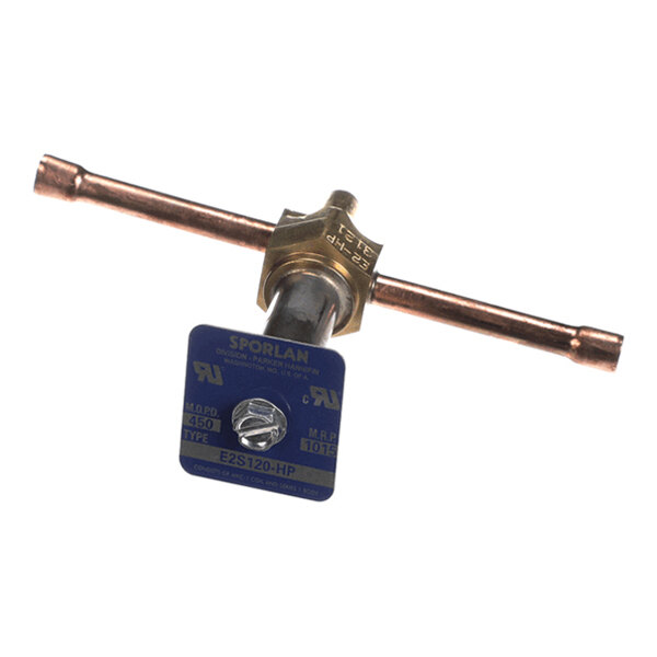 A brass and copper solenoid valve with a blue label and a central adjustment screw.