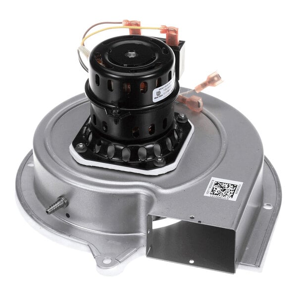 A metal and black electric inducer fan assembly with wiring connectors and a QR code label on the housing.