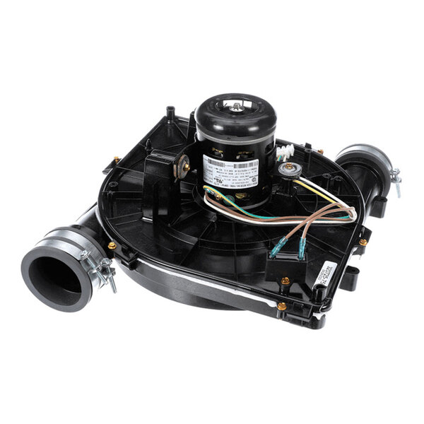 A black mechanical assembly with a central electric motor, wiring, and two cylindrical pipe connections on either side.