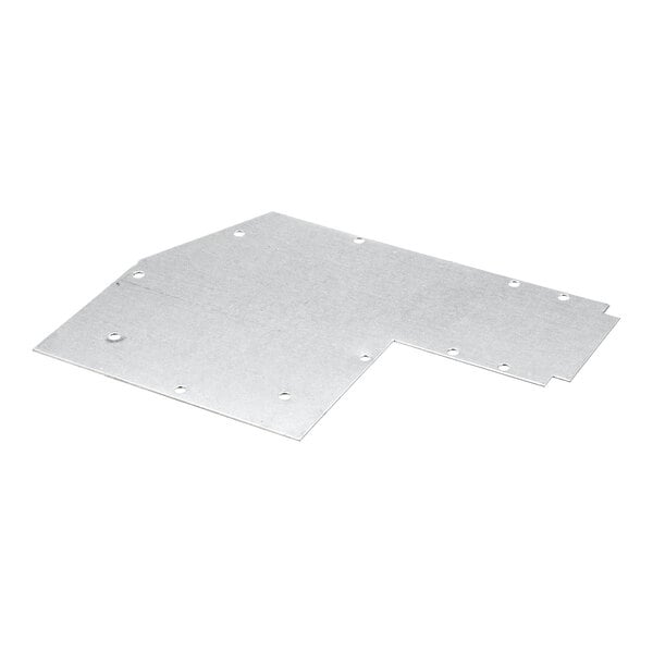 A flat, irregularly shaped metallic plate with multiple holes along its edges, likely for mounting or attachment purposes.